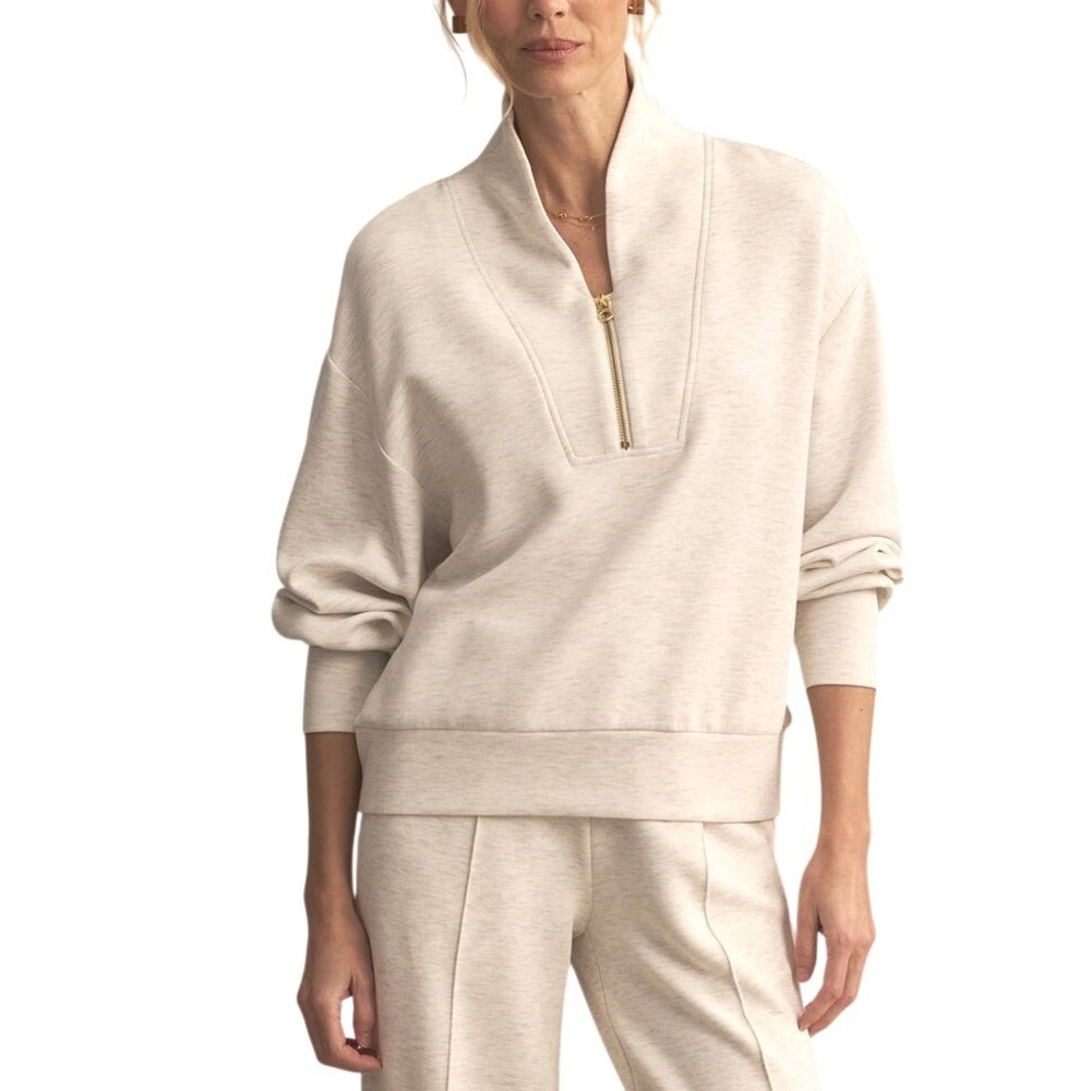 Varley Davidson Sweat Half Zip Pullover Ivory Marl DoubleSoft L Quiet Luxury